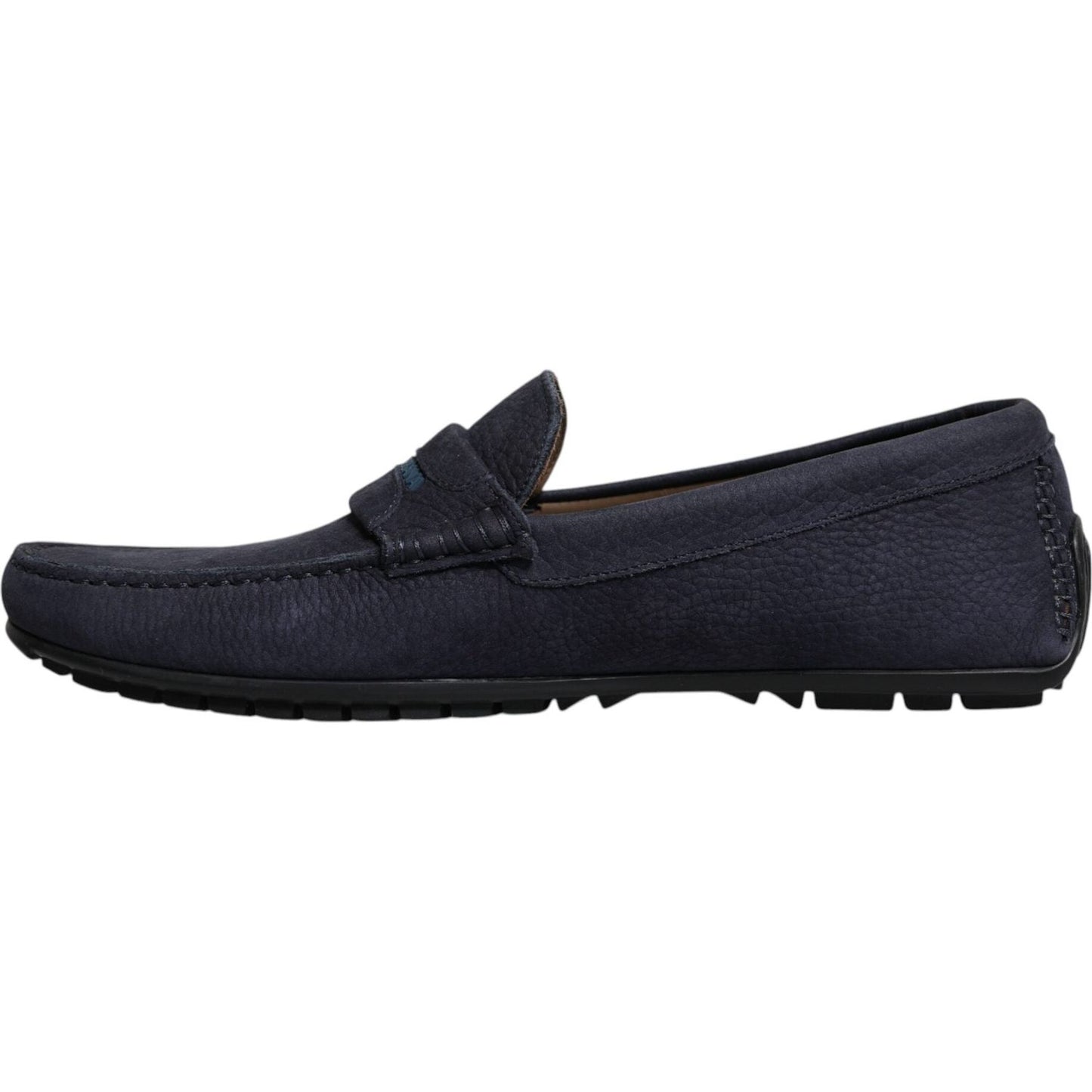 Dolce & Gabbana blue calf leather slip-on men's moccasin shoes with rubber sole, logo detail, made in Italy. High craftsmanship.