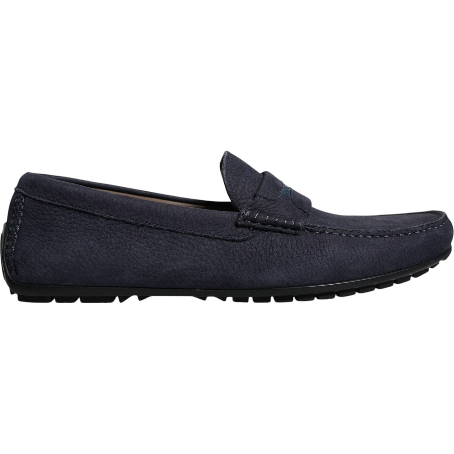 Dolce & Gabbana blue calf leather men's moccasin shoe with rubber sole, side view.