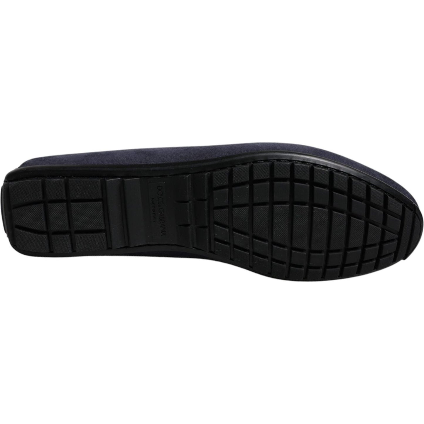 Sole of Dolce & Gabbana blue calf leather men's moccasin shoe showing rubber outer sole and high craftsmanship.