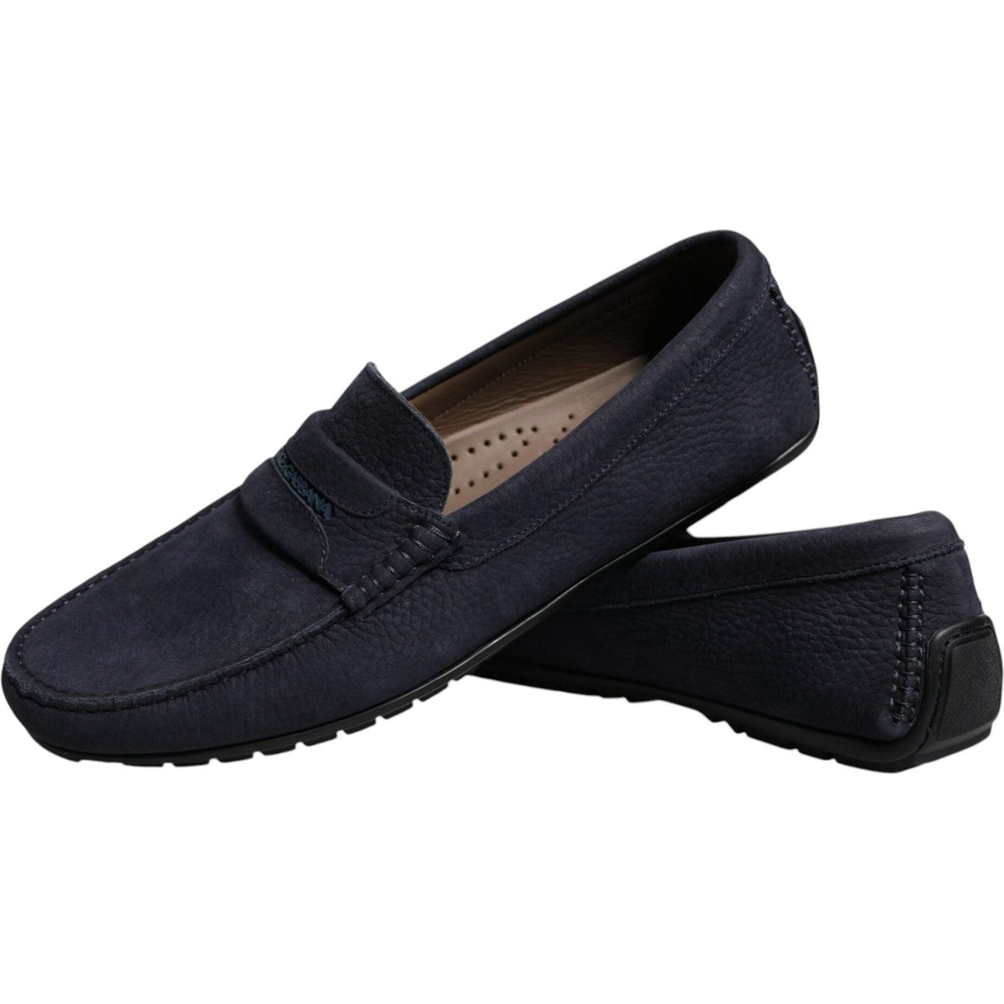 Dolce & Gabbana blue calf leather men's slip-on moccasin shoes with rubber sole and logo details, made in Italy.
