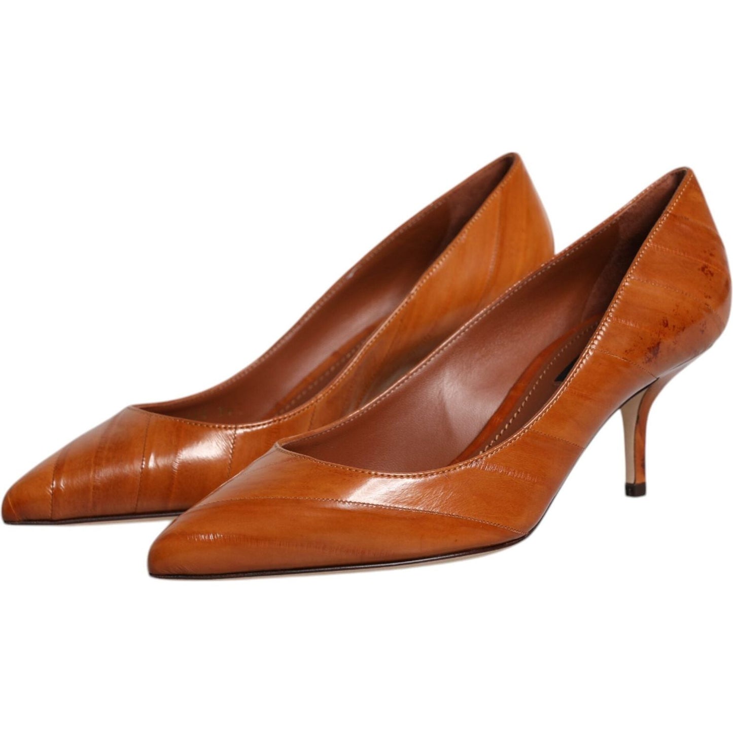Dolce & Gabbana brown leather kitten heel pumps, made in Italy, 100% authentic eel leather, high quality and comfort.