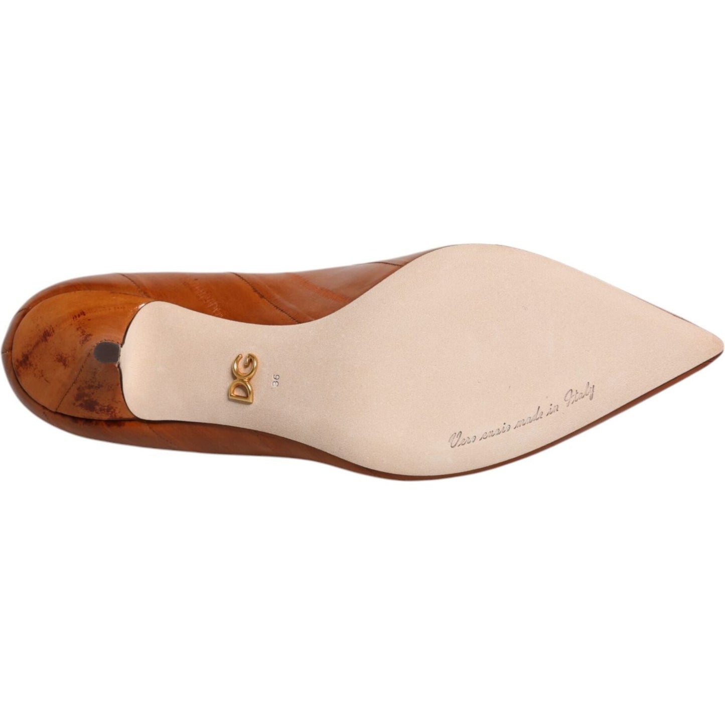 Sole of Dolce & Gabbana brown eel leather kitten heels with logo details, crafted in Italy for elegance and comfort.