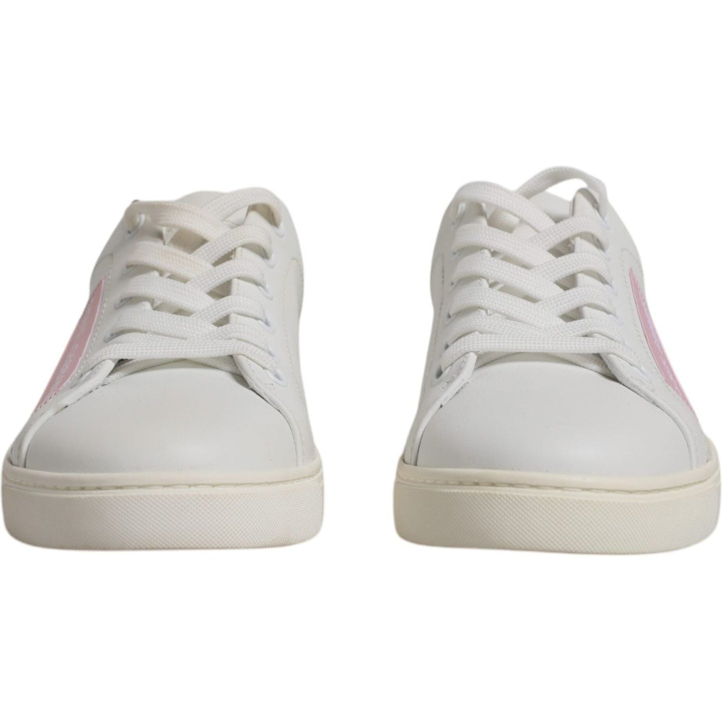 Dolce & Gabbana white calf leather sneakers with pink detail, rubber sole, lace-up closure, front view, luxury Italian footwear.