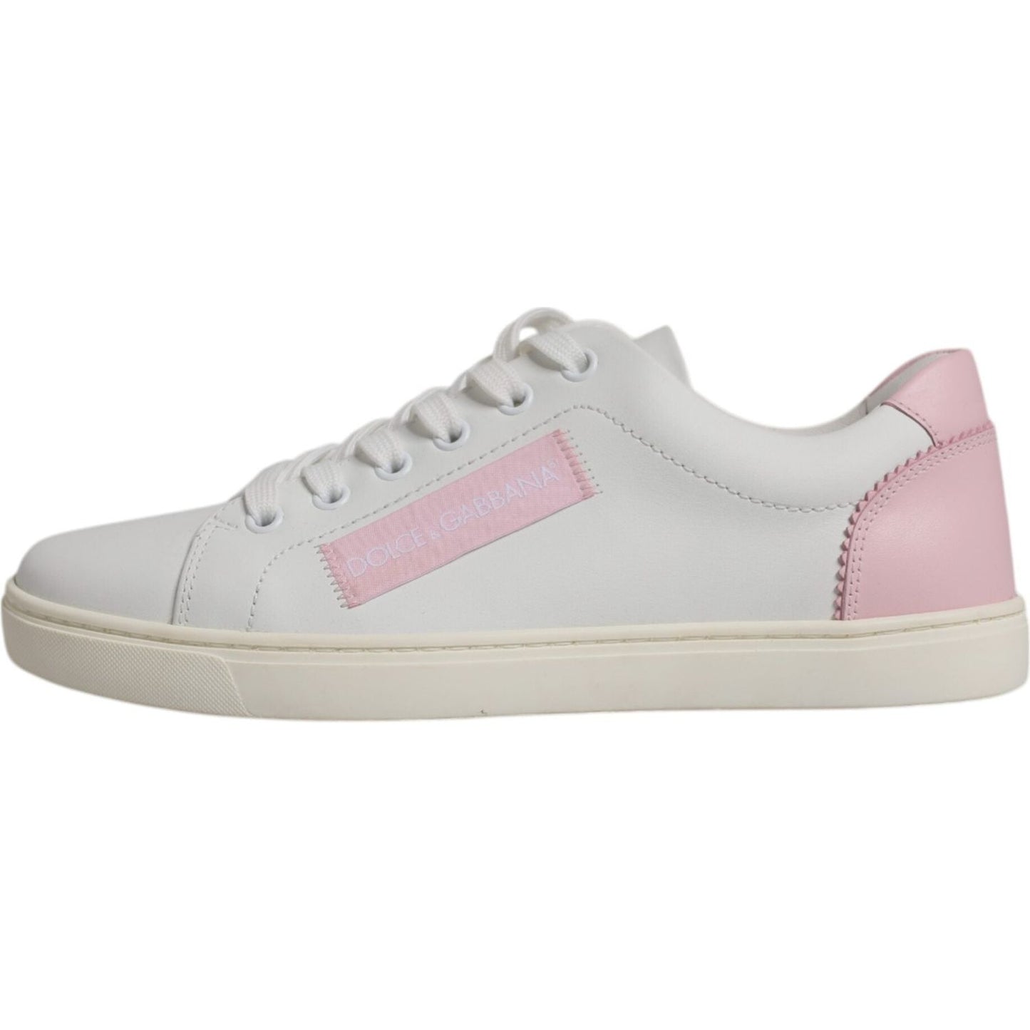 Dolce & Gabbana white and pink classic calf leather sneakers with rubber sole and lace-up closure, featuring logo details, made in Italy.