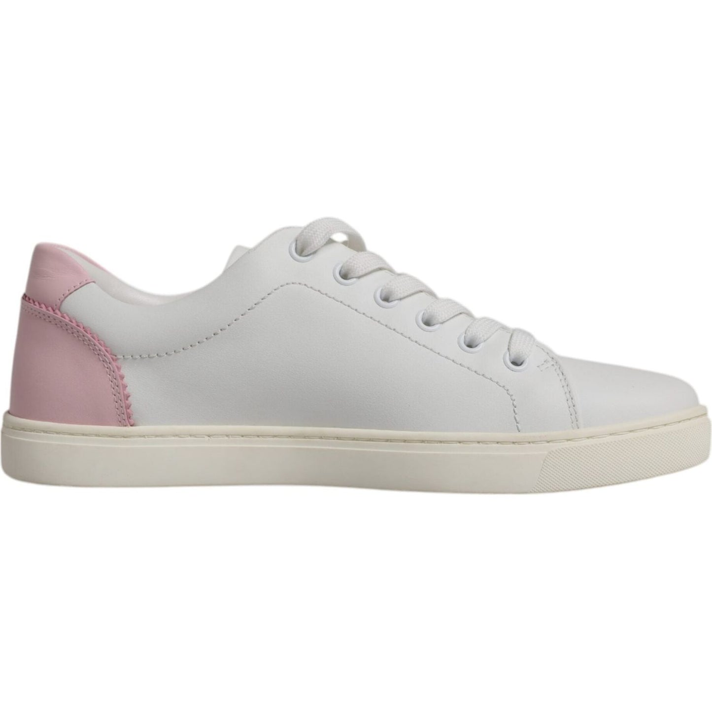 Dolce & Gabbana white calf leather sneakers with pink heel detail, rubber sole, and lace-up closure, made in Italy.