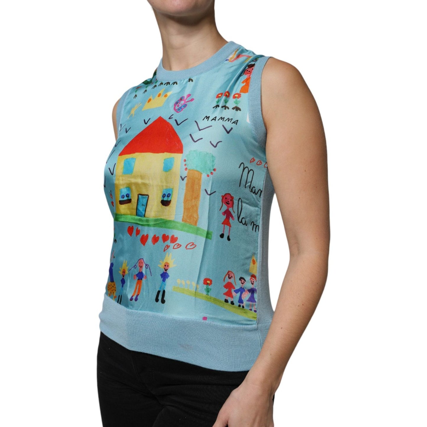 Dolce & Gabbana blue cashmere sleeveless tank top with colorful drawing print, featuring minor make-up stains, made in Italy.