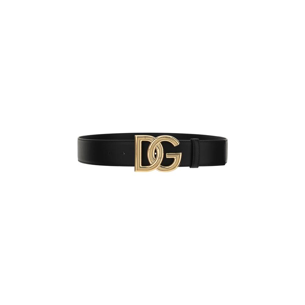 Dolce & Gabbana calfskin belt with smooth leather design and metallic monogram buckle, 4 cm thick, luxury fashion accessory.