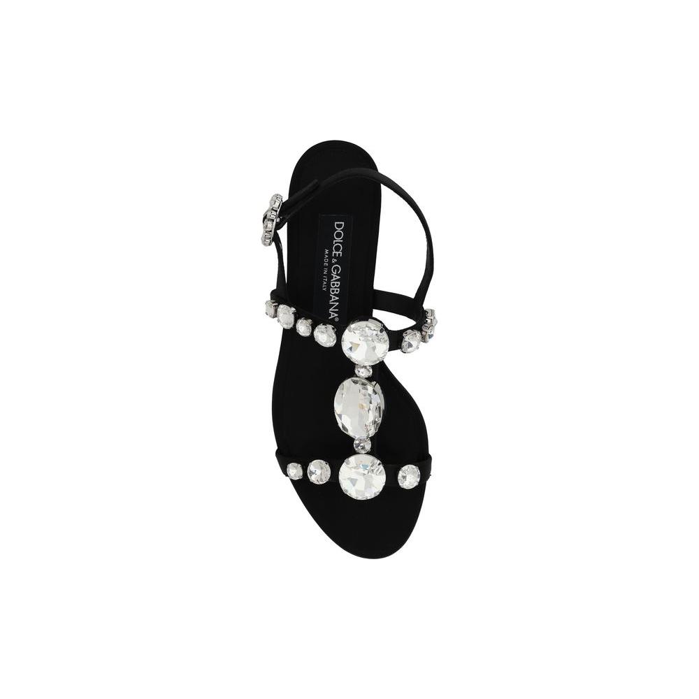 Dolce & Gabbana satin jeweled sandal with caged design, almond toe, and block heel featuring stitched stones and jeweled buckle.
