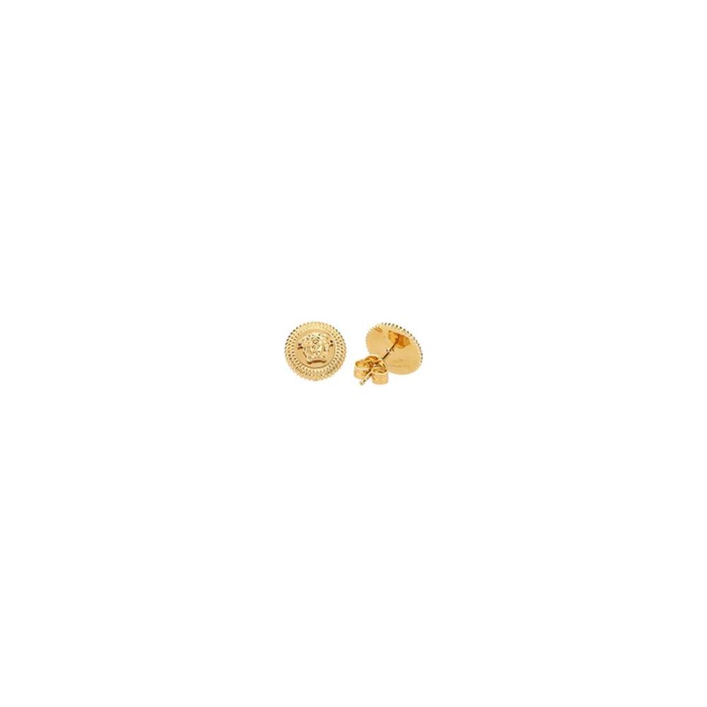 Versace gold-plated earrings with embossed Medusa head design and butterfly back fastening.