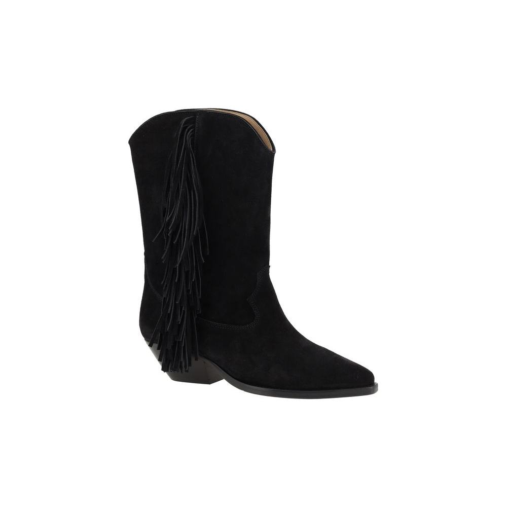 Isabel Marant Duerto black suede ankle boots with fringe detailing, Texan style with elongated toe and block heel for comfort.