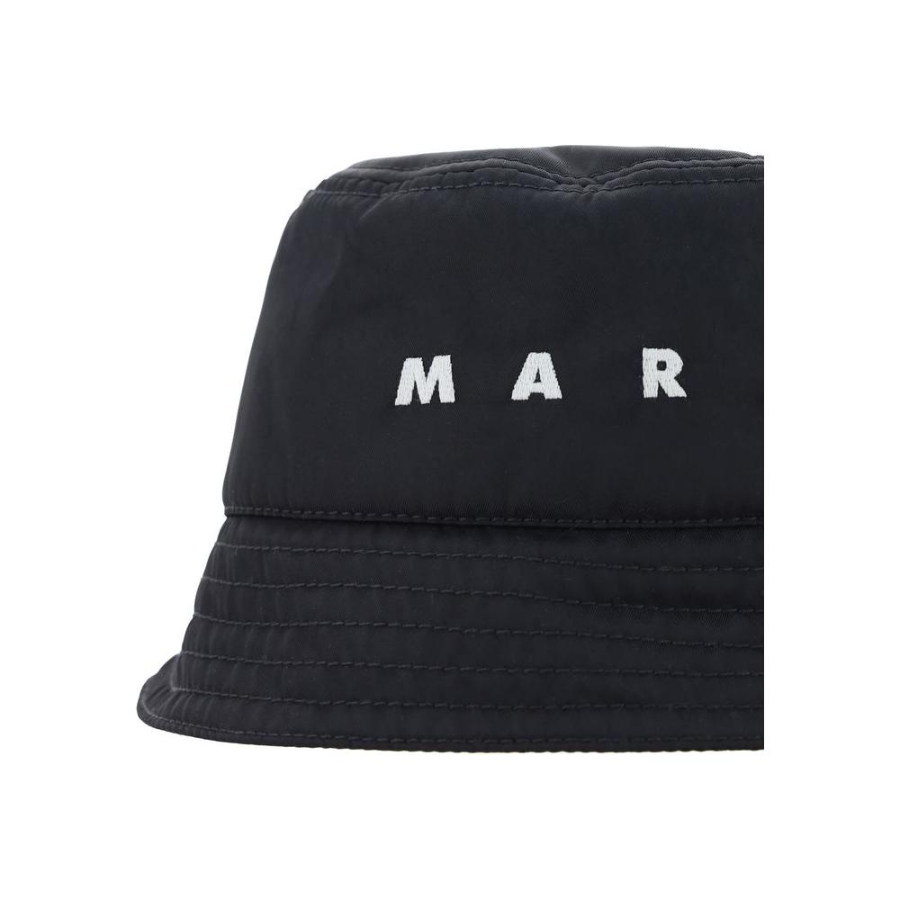 Marni cotton bucket hat with monochrome pattern and contrasting embroidered brand logo on front.