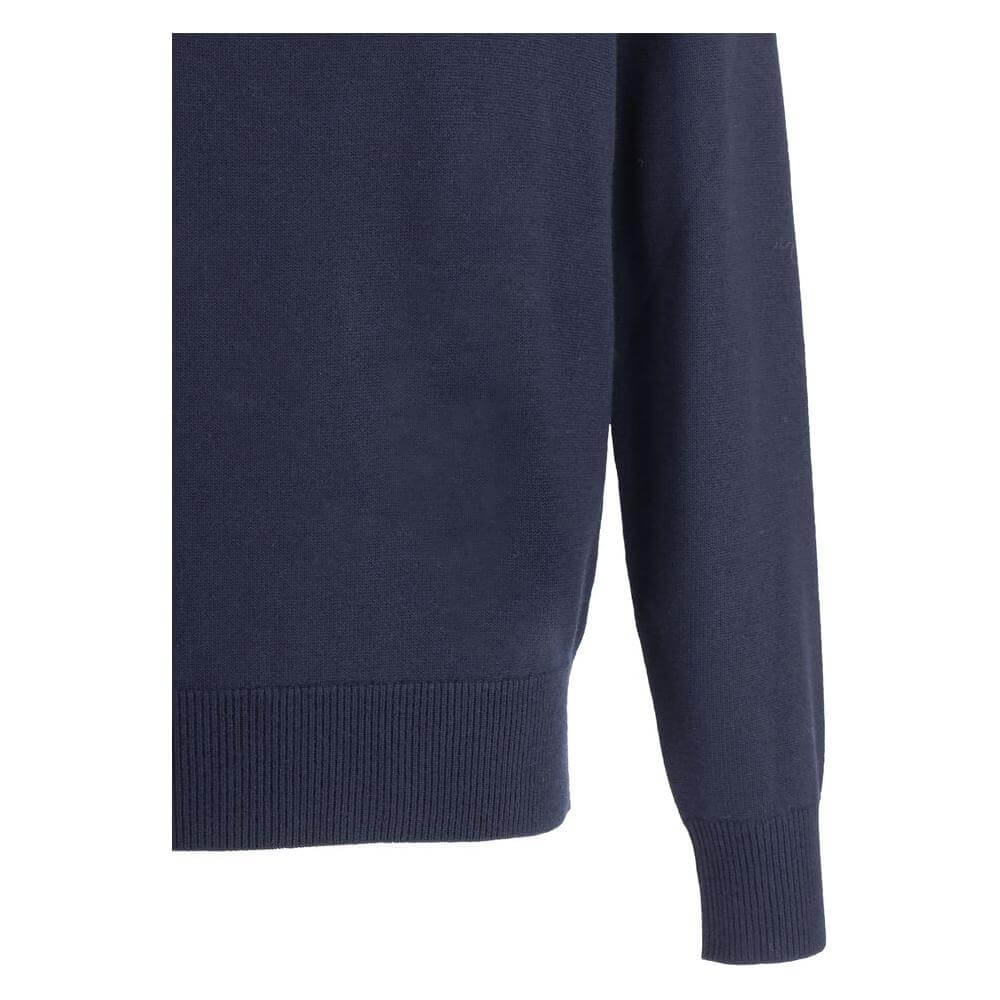 Navy merino wool sweater by Sunflower with ribbed crew neck, cuffs, and hem. Features a monochrome pattern and regular fit.