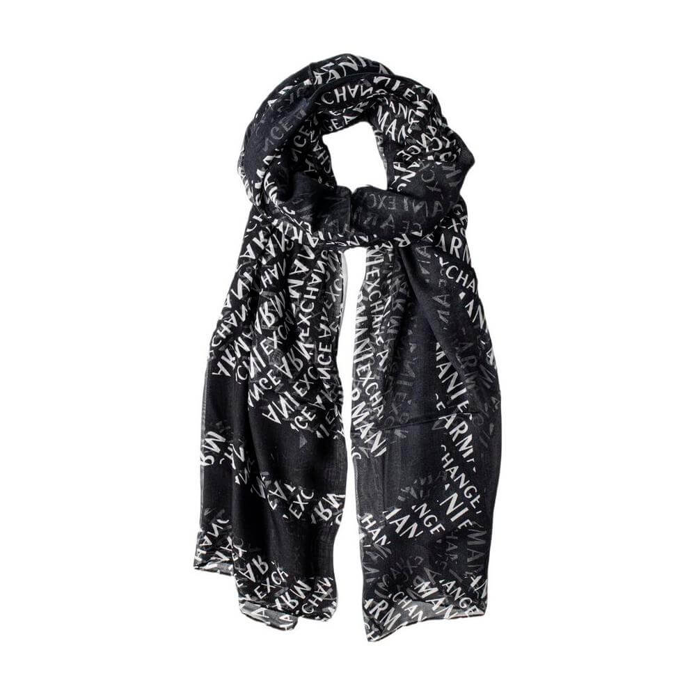 Armani Exchange black modal scarf with white text, featuring a soft, lightweight design for elegant and casual wear.