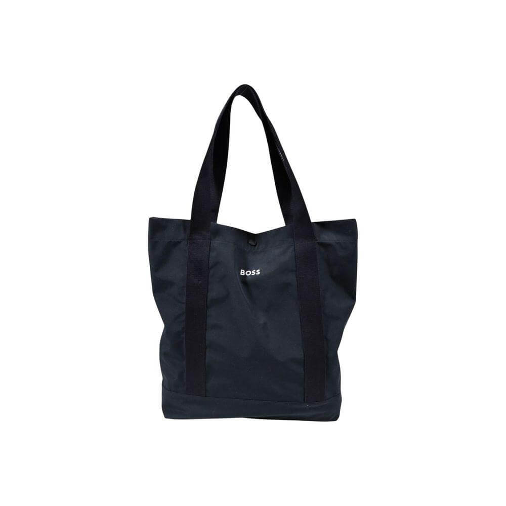 Black Hugo Boss tote bag with logo and two handles, ideal for daily use.