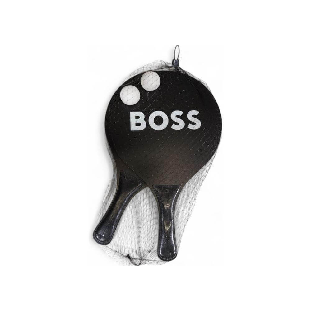 Two black Boss branded paddles and two balls in a net set.