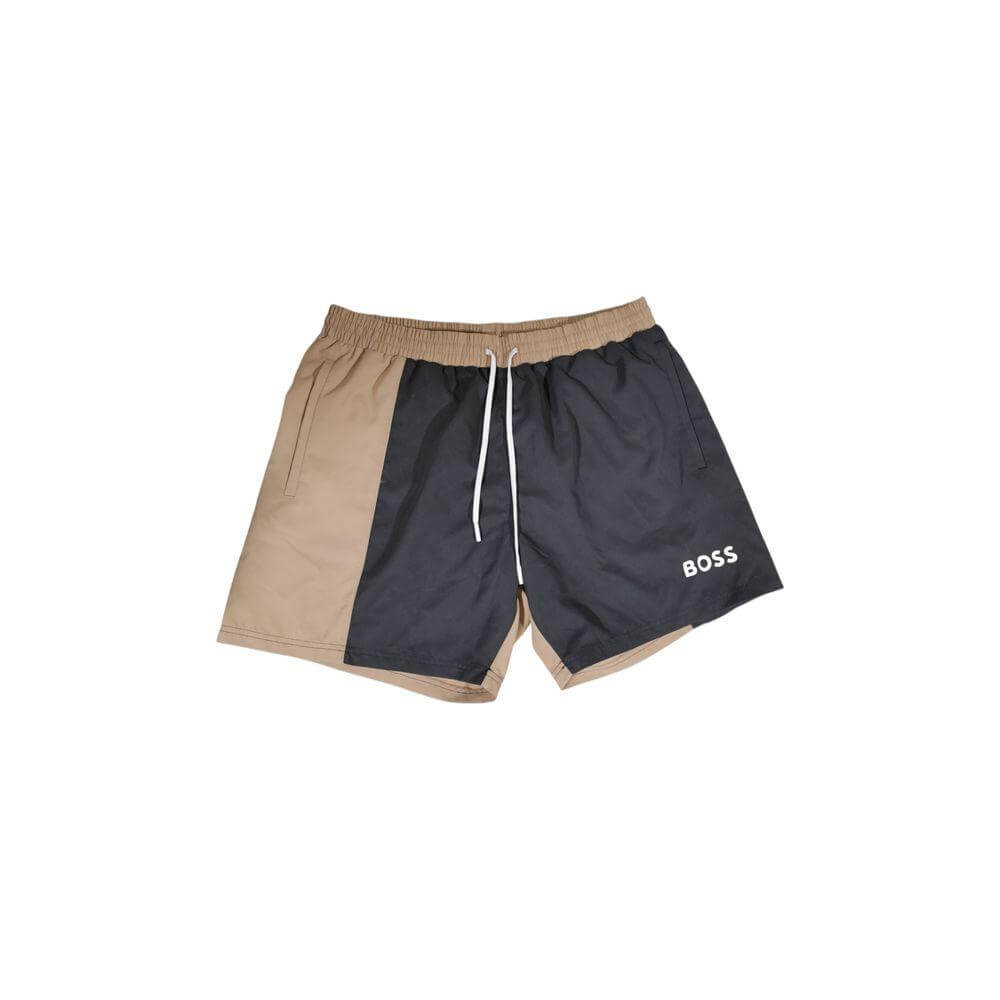 Hugo Boss men's beige and black polyester swimwear shorts, fall winter collection, 100% polyester bathing suits.
