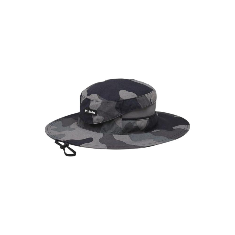 Columbia gray nylon bucket hat with wide brim and adjustable cord, designed for sun protection and outdoor comfort.