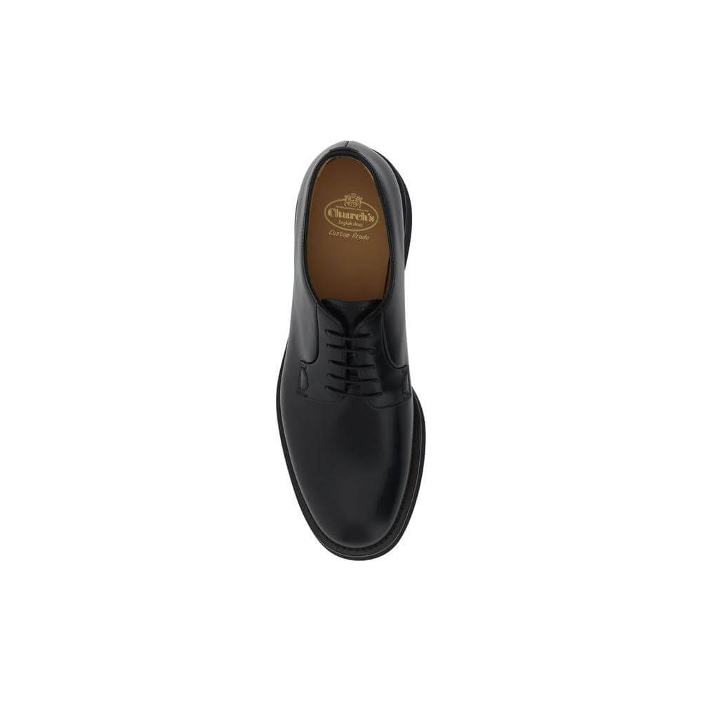 Top view of Church's Shannon Lace-Up Shoes in black patent leather with elongated toe and front lace-up closure for elegant design.