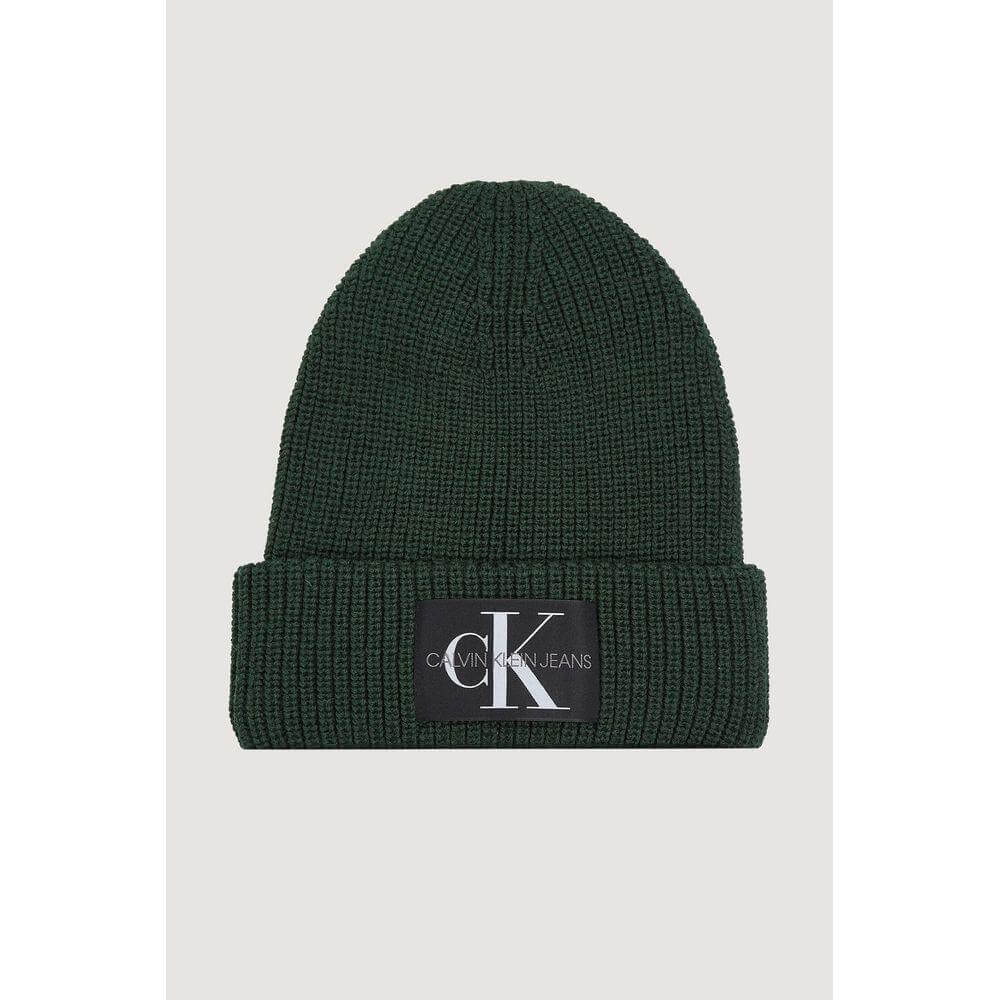 Calvin Klein Jeans green cotton monogram beanie with ribbed design and logo patch, ideal winter accessory for casual wear.