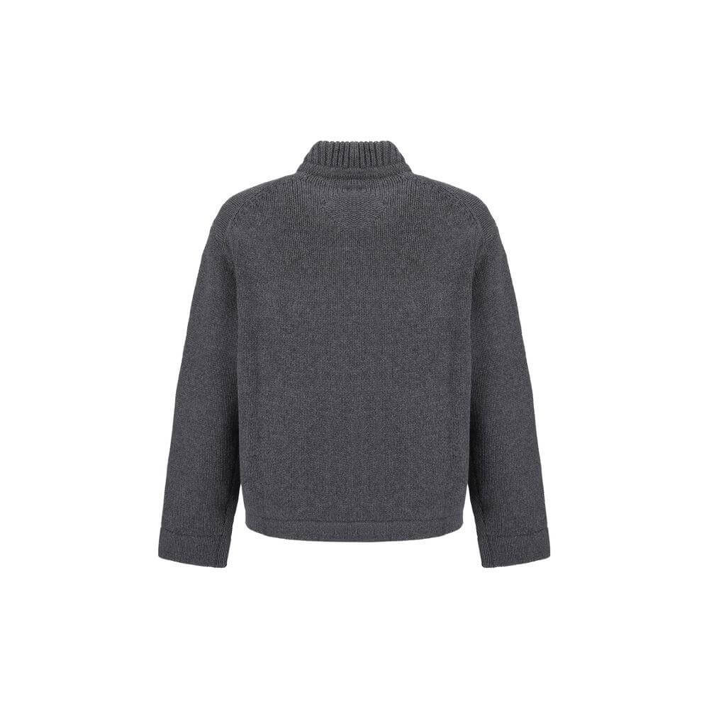 Back view of gray MCM wool cardigan with ribbed crew neck and regular fit.