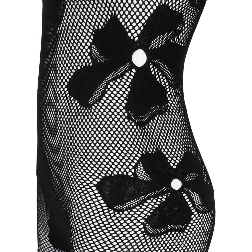 Maccapani Monogram Jumpsuit Dress with mesh design and embroidered flowers, monochrome pattern, close fit, side view detail.