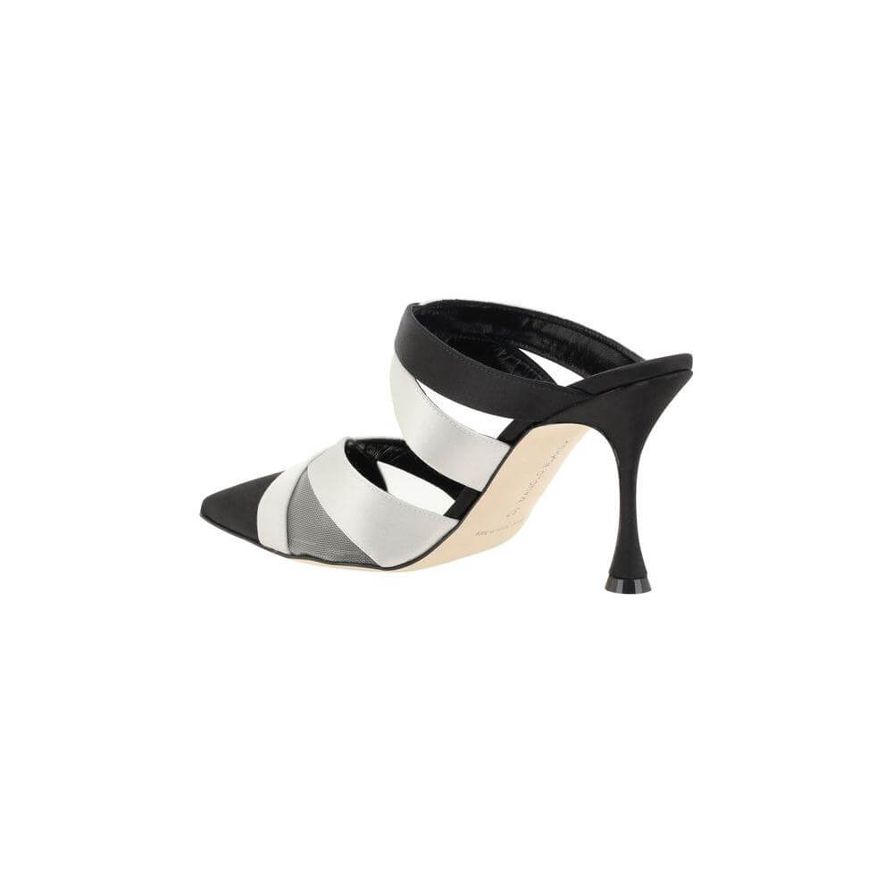 Manolo Blahnik Oyounak Pumps, satin with mesh sides, wide braided back, leather stiletto heel, and logoed insole, side view.