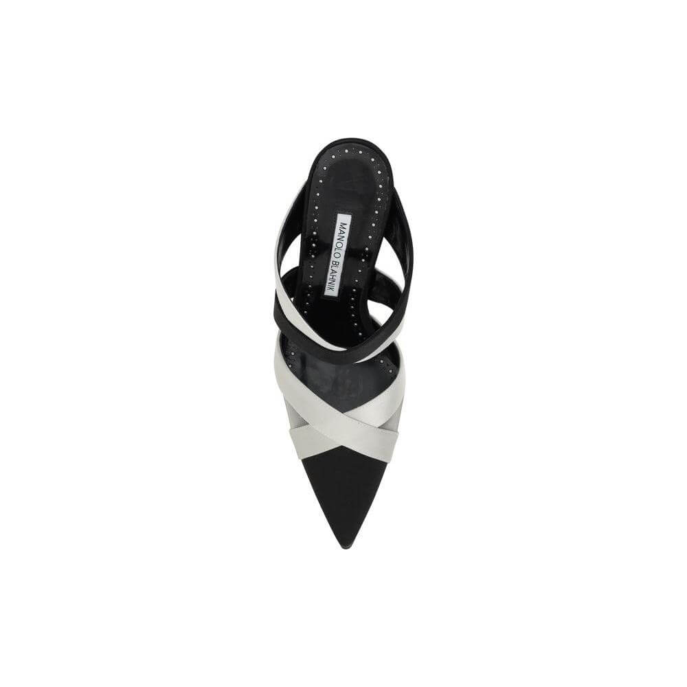 Top view of Manolo Blahnik Oyounak Satin Pumps with mesh side panels, braided band, and leather stiletto heel.