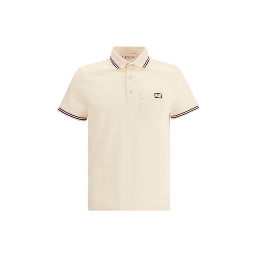 Valentino cotton polo shirt with ribbed collar, front buttons, patch pocket, and logo detail in monochrome pattern, regular fit.