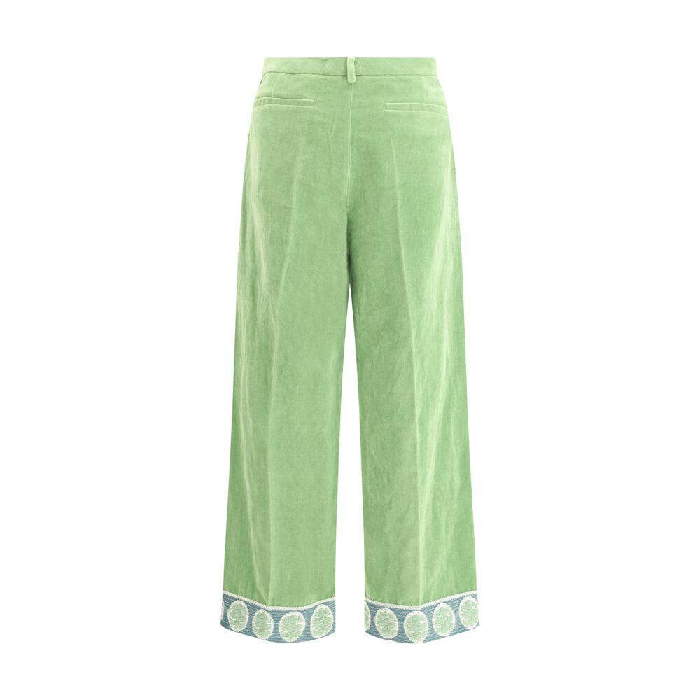 Valentino cotton velvet wide-leg pants with side and back pockets, contrast hem, regular fit, and front zipper closure.