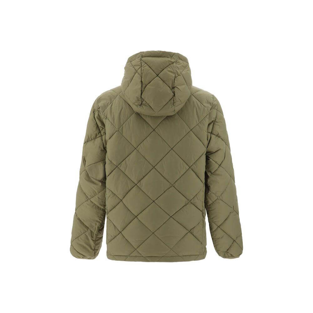Henri Lloyd Polperro Down Jacket, olive green, featuring quilted design, drawstring hood, and brand's logo patch on sleeve, rear view.
