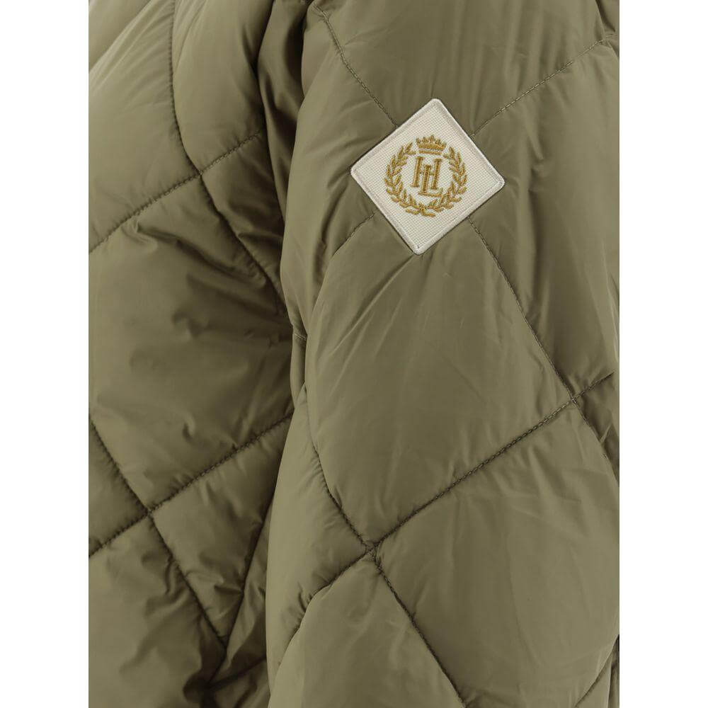 Henri Lloyd Polperro Down Jacket sleeve with logo patch, quilted green fabric in close-up.