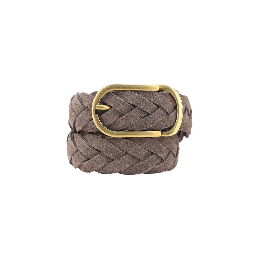 Brunello Cucinelli leather belt with braided suede design and gold-finish buckle, showcasing elegance and craftsmanship.