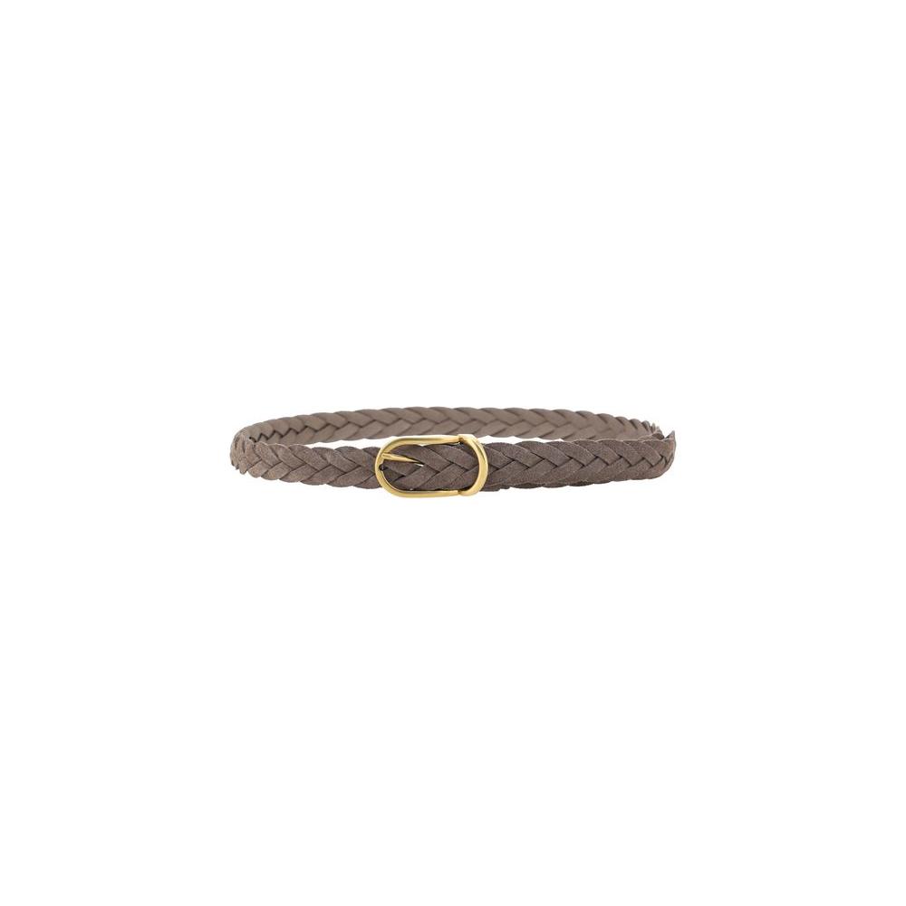 Brunello Cucinelli braided leather belt with gold buckle, elegant woven suede design.