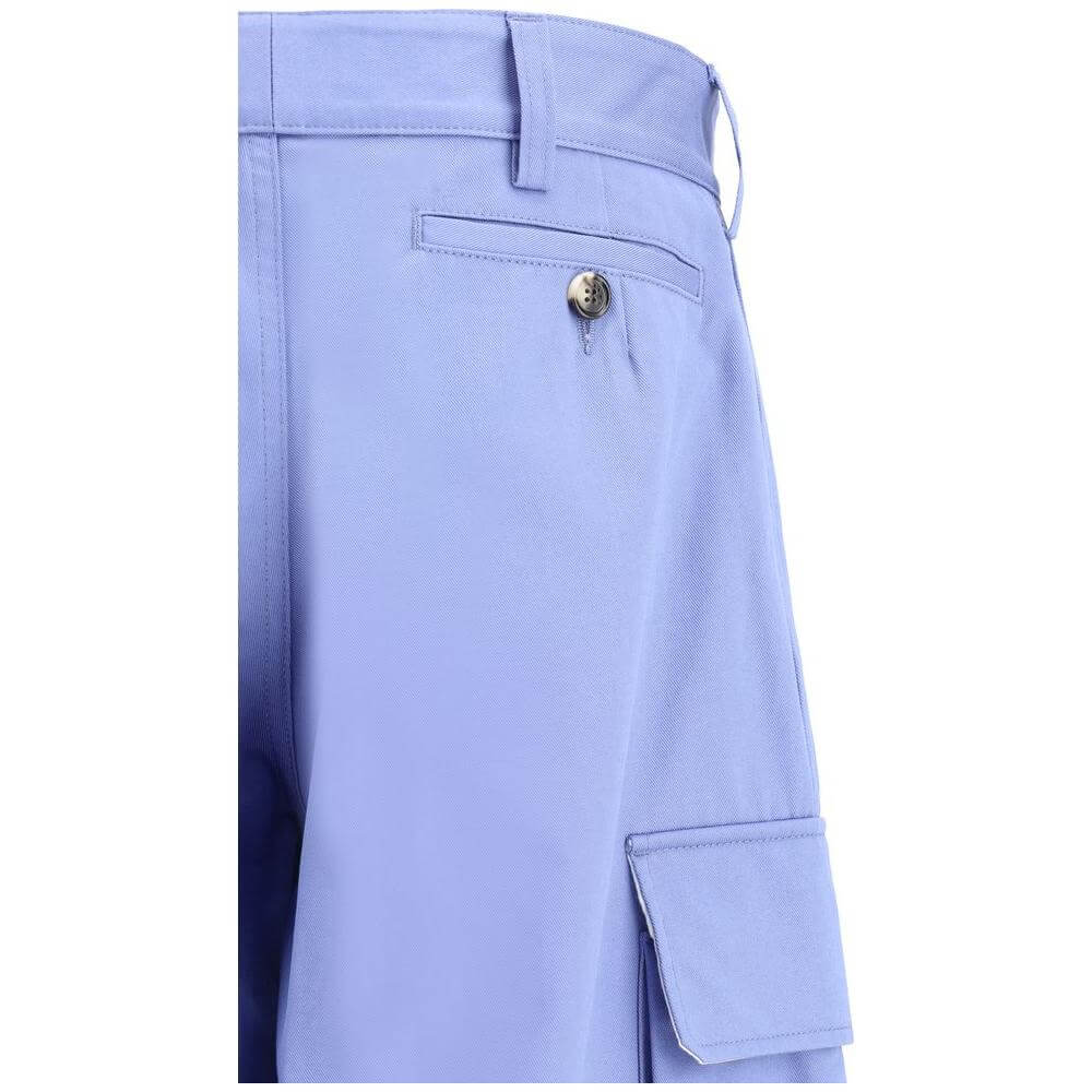 Light blue Marni cargo pants with button closure, side cargo pocket, and back welt pocket. Perfect for versatile fashion styling.