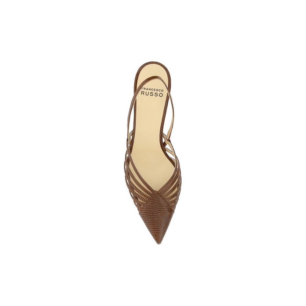 Francesco Russo cut-out detail pumps with elongated toe and stiletto heel, featuring brown leather and fine strap embellishments.