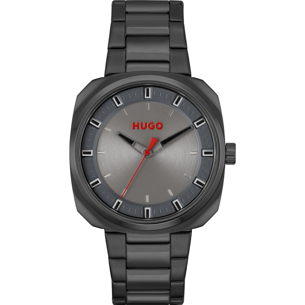 Hugo Boss gray stainless steel quartz watch with analog display, mineral glass, 42mm dial, butterfly closure, water-resistant to 5ATM.