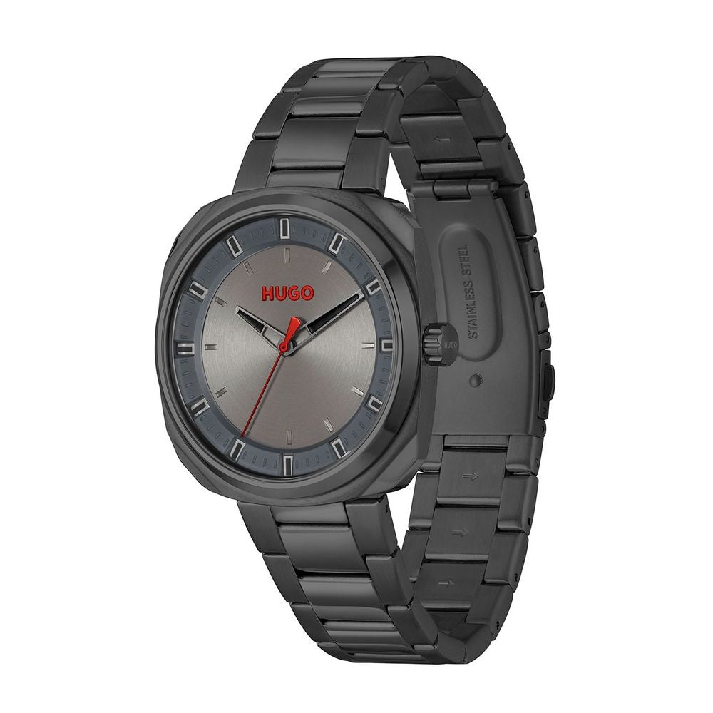Hugo Boss gray analog quartz watch with stainless steel bracelet, 42mm dial, mineral glass, butterfly closure, and 5ATM water resistance.
