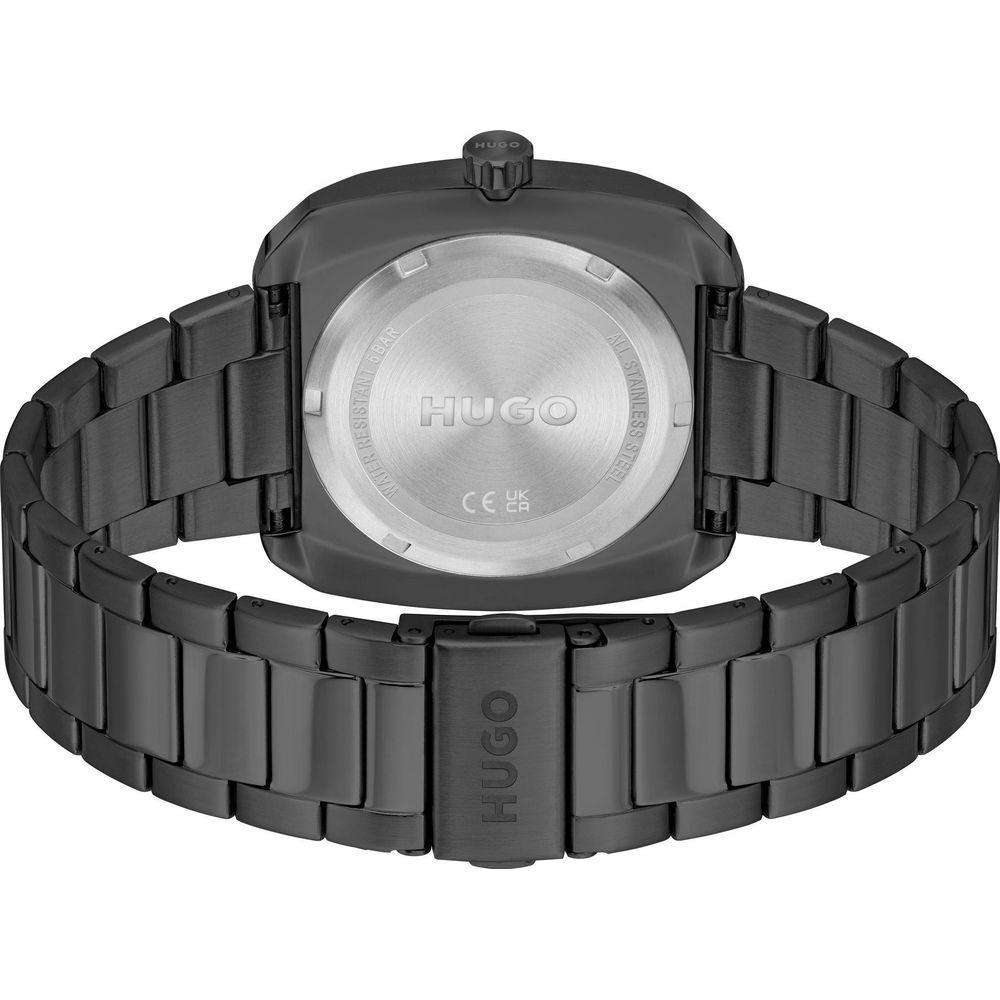 Back view of Hugo Boss gray stainless steel quartz watch with butterfly clasp and mineral glass, emphasizing luxury design and durability.