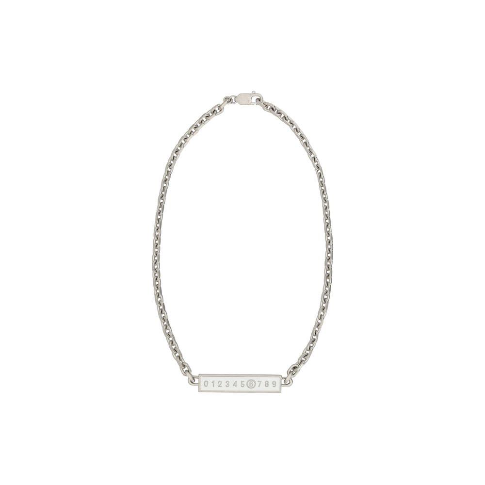 MM6 Necklace with chain design and engraved brand logo plaque, featuring a lobster claw clasp closure.