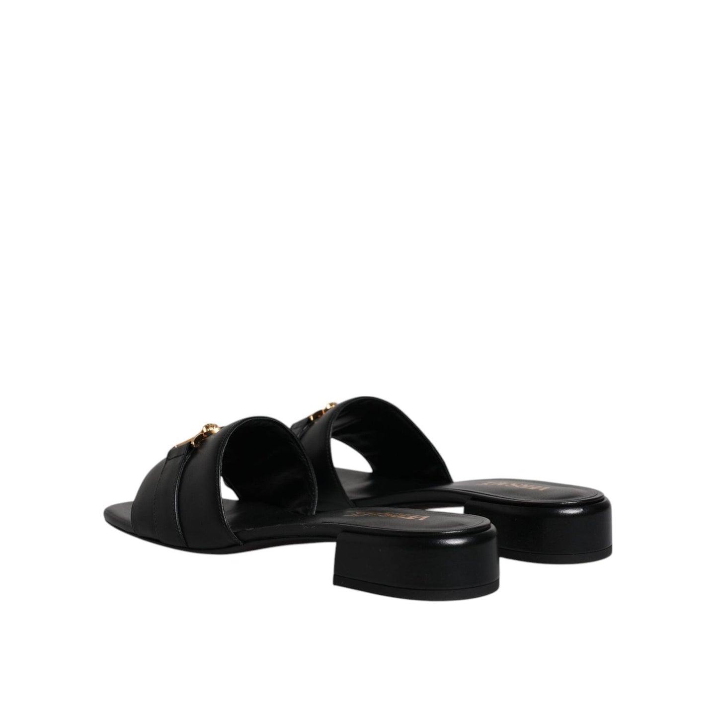 Versace Black Leather Logo Plaque Slip On Slides Flats Shoes LA12123-36