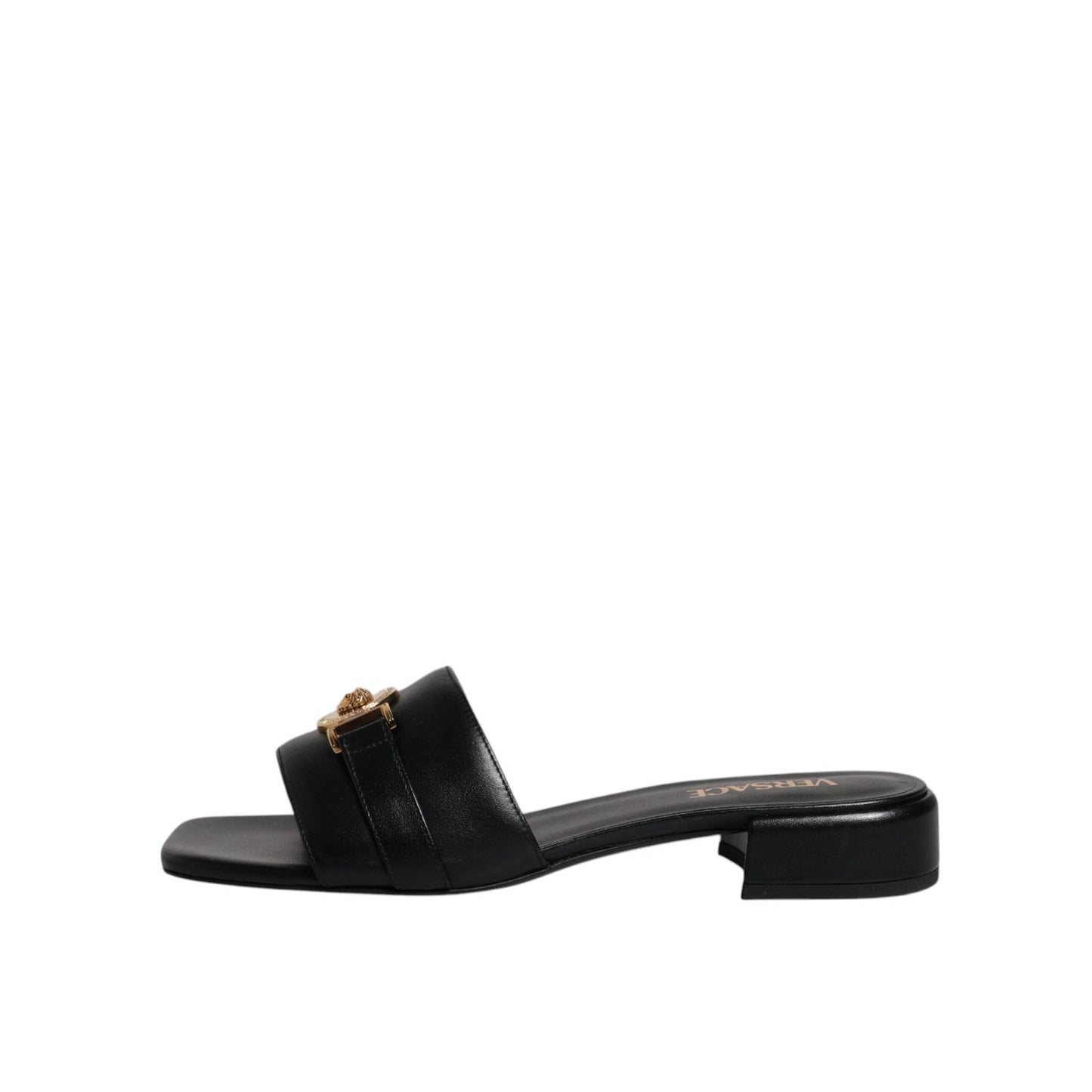 Versace Black Leather Logo Plaque Slip On Slides Flats Shoes LA12123-36