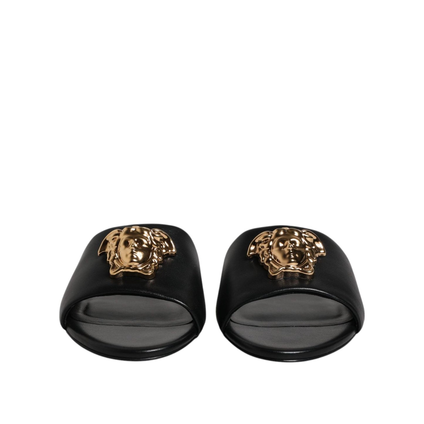 Versace Black Leather Logo Plaque Slip On Slides Flats Shoes LA12124-38