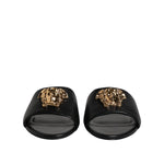 Versace Black Leather Logo Plaque Slip On Slides Flats Shoes LA12124-38