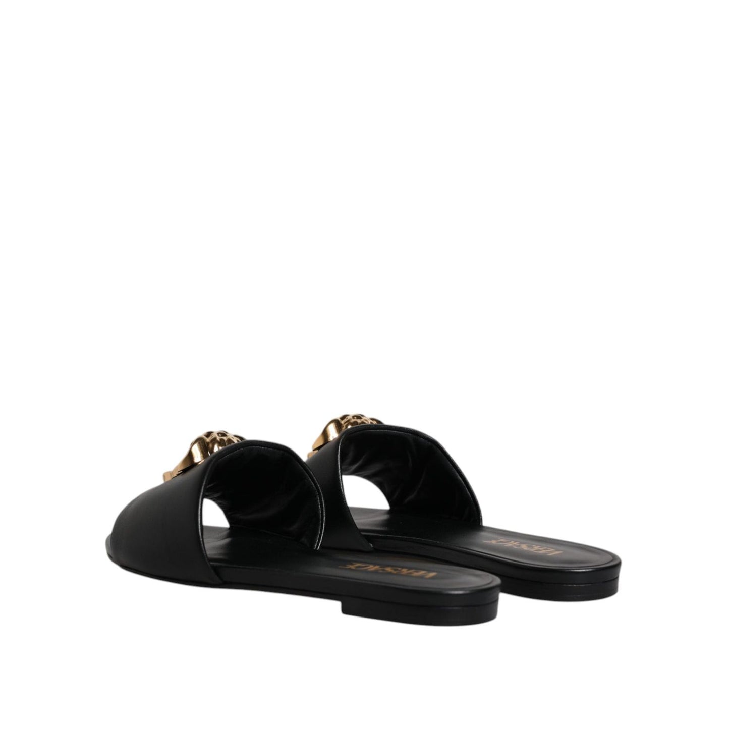 Versace Black Leather Logo Plaque Slip On Slides Flats Shoes LA12124-38
