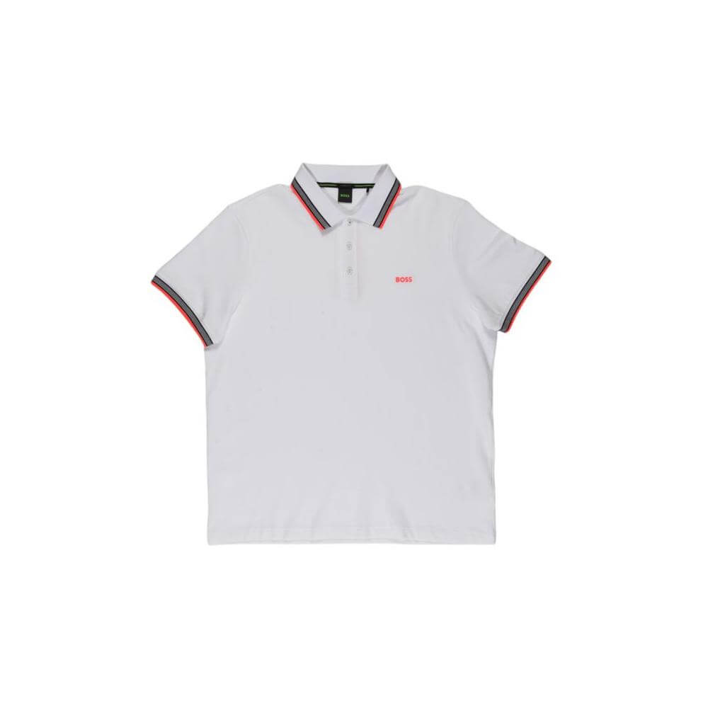 Hugo Boss white cotton polo shirt for men, short-sleeved, fall/winter collection, 100% cotton, classic style.