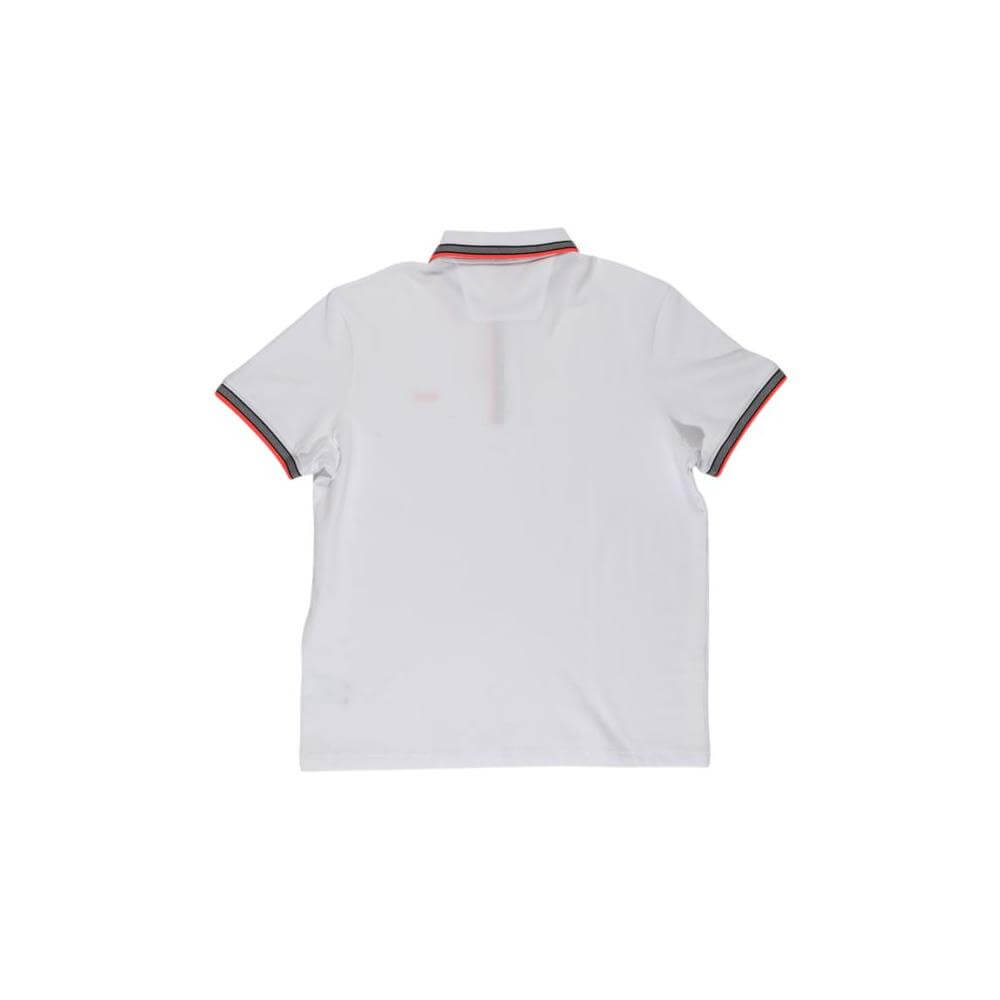 Back view of Hugo Boss white cotton polo shirt, men's short-sleeved from Fall/Winter collection, featuring striped collar details.
