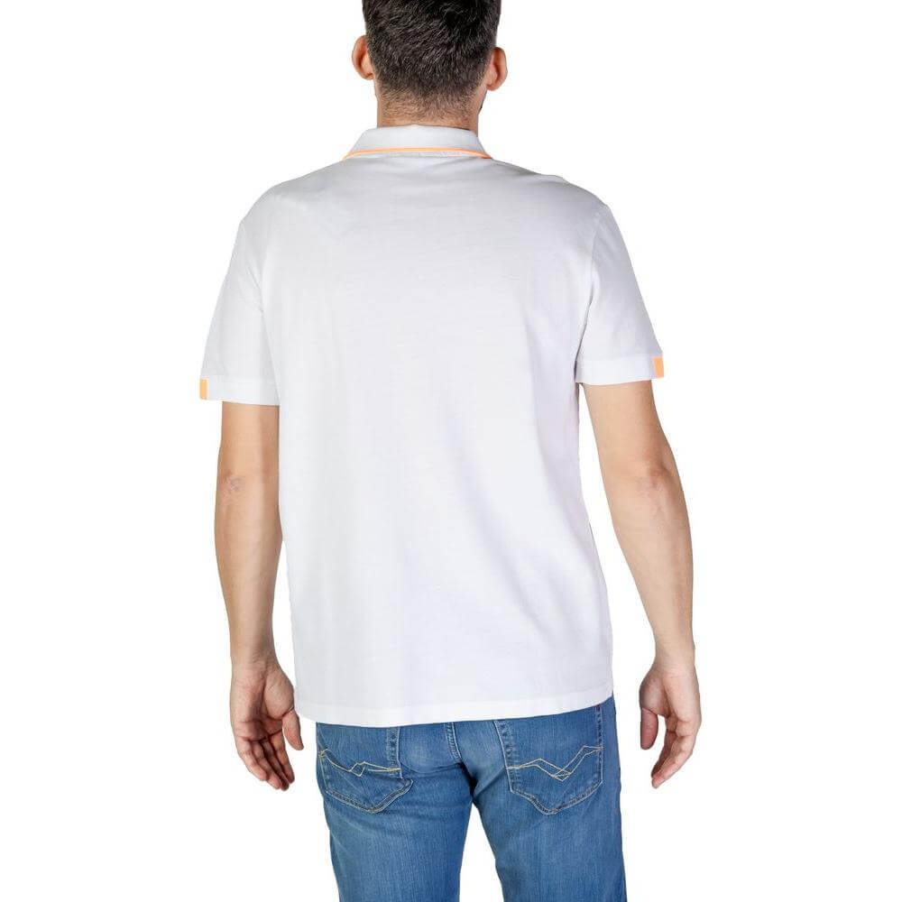 Refrigiwear white cotton polo shirt for men, short-sleeved, fall/winter collection, perfect casual wear, back view.