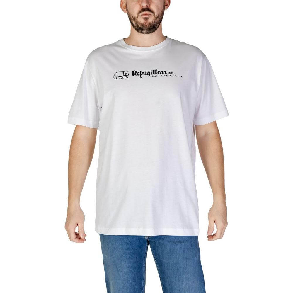 Men's Refrigiwear white cotton short-sleeve t-shirt, part of the fall/winter collection. 100% cotton fabric, casual wear.