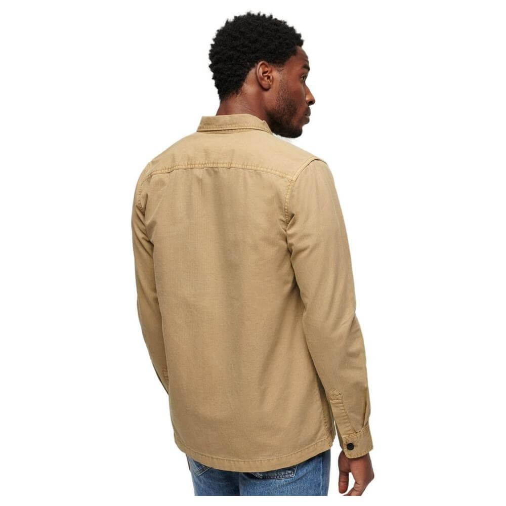 Superdry beige cotton shirt for men, long sleeve, fall/winter collection, rear view, 100% cotton, available in stylish design.