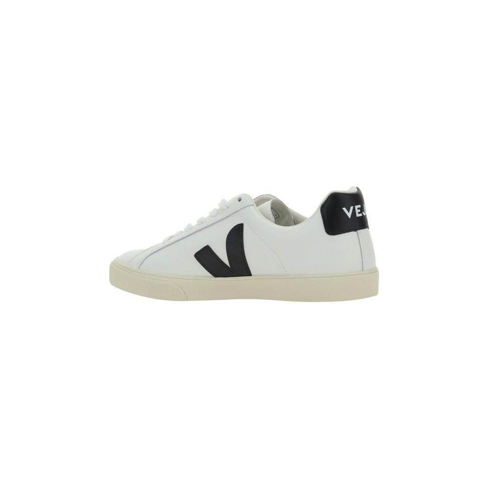 Veja Esplar Sneakers in white featuring a round toe, lace-up closure, black logo patch on side, and contrasting heel signature.